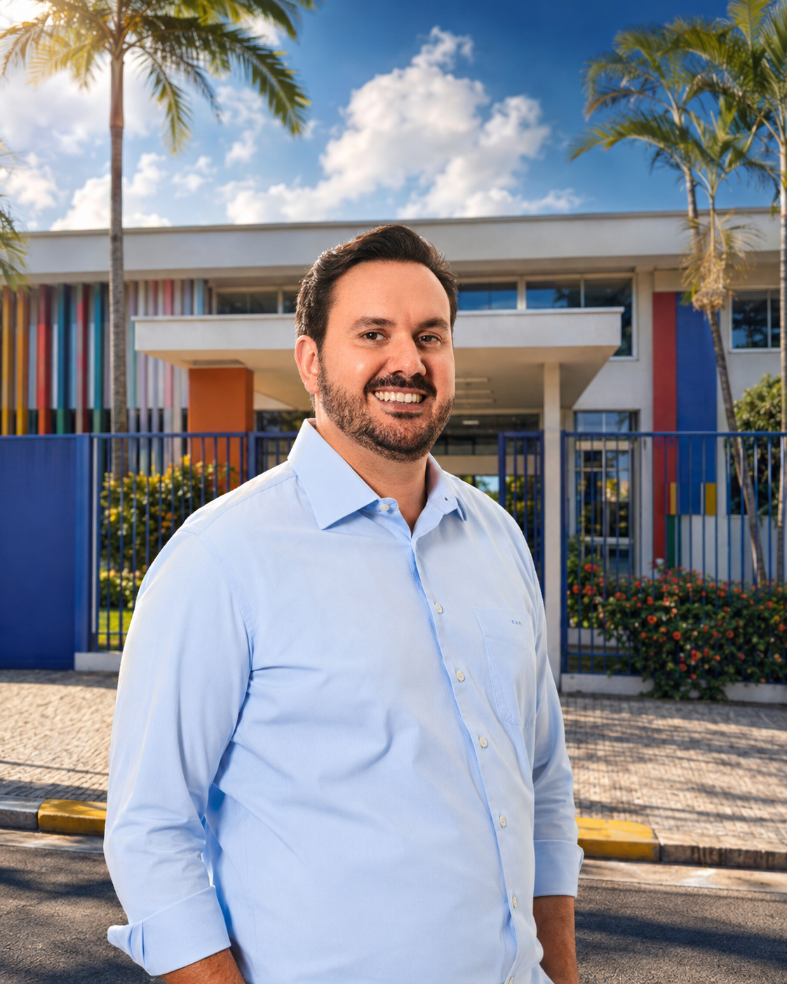 Franco Sardelli em frente a uma escola
